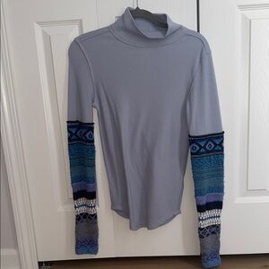 Free People Long Sleeve Top - Gray with Blue Patterned Sleeves